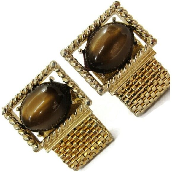 Swank Tiger Eye Cufflinks Mesh Set Gold Tone Wedding Tux Vintage IOB - Picture 14 of 16